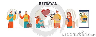 Betrayal concept set. Dishonest partnership or fake agreement. Hidden threat Vector Illustration