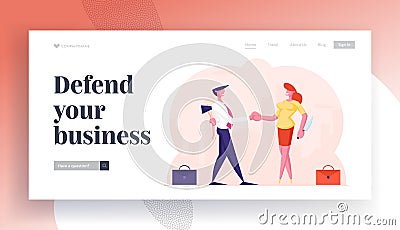 Betrayal Website Landing Page. Businessman and Businesswoman Shaking Hands and Smiling while Hiding Ax and Knife Vector Illustration