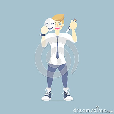 betrayer jealous man hiding, holding under smiling mask, depression and melancholy, poker face, back stab concept Vector Illustration