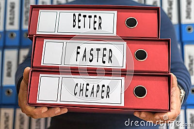 Better, Faster, Cheaper, concept words. Folder concept. Ring bin Stock Photo