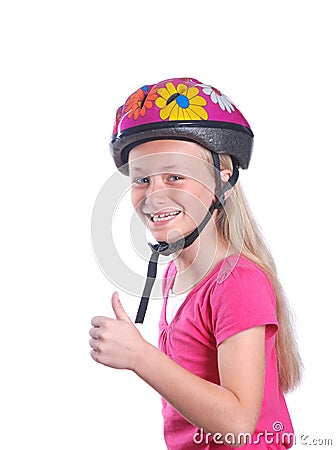 Little girl with cycling helmet on white Stock Photo