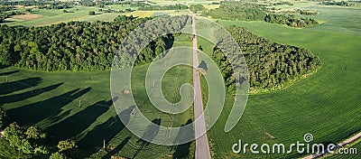 Beutiful evening panorama with road, grove and green fields, aerial Stock Photo