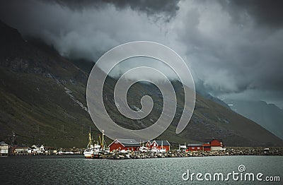 Beutiful Lofoten islands, traditional red houses Stock Photo