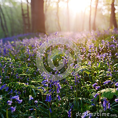 Beutiful sunrise in bluebells forest in springtime Stock Photo