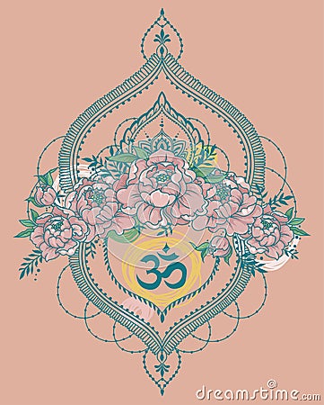 Beutiful vector illustation with peony, mendi style deoration and symbol `om` Vector Illustration