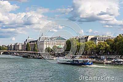 Beutiful view of Seine River with cruise ships and buildings , Paris, France Editorial Stock Photo