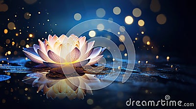 Beutiful water lily floating on the dark sparkling background Stock Photo