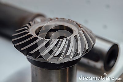 Bevel gear on the shaft, close up view Stock Photo
