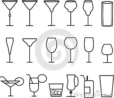 Beverage, cocktail, drinks vector, thin black line symbol icon. Juice, water, beer, wine, cognac emblems, alcohol cocktails Vector Illustration