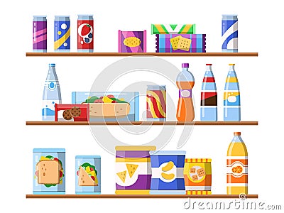 Beverage food on shelves. Fast food snacks biscuits and water standing on showcase vector merchandising concept flat Vector Illustration