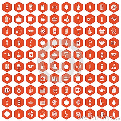 100 beverage icons hexagon orange Vector Illustration