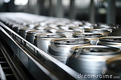 Beverage production: conveyor line with rows of shiny aluminum cans in an industrial setting Stock Photo