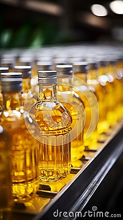 Beverage production line filling glass bottles with refreshing apple and pineapple juice Stock Photo