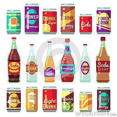 Beverage soft and energy drinks vector flat icons. Drink bottle and can set Vector Illustration