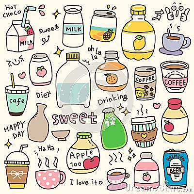 Set of Cute Beverages Doodle Vector Illustration Vector Illustration
