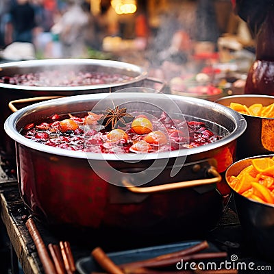 Beverages fruits and berries hot mulled wine in pots. Traditional Christmas food in cauldron and pot on fire background. Stock Photo