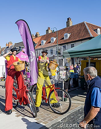 Yorkshire Para-Cycling International Street Entertainers working the crowd Editorial Stock Photo