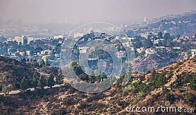 Beverly hills and hollywood hills at sunset during woosley fires Editorial Stock Photo