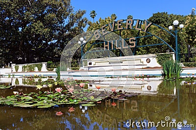 Beverly Hills Sign and Lily pond Editorial Stock Photo