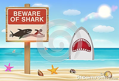 Beware of shark sign on sea sand beach Vector Illustration