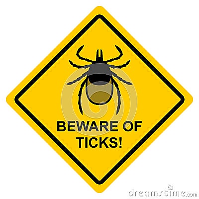 Beware of ticks! Yellow warning sign. Vector illustration. Warning of the infection risk from a tick bite. Black mite isolated on Vector Illustration