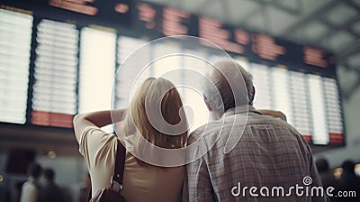 Bewildered and Frustrated Senior Couple Looking At Arrival and Departure Board at the Crowded Airport - Generative AI Stock Photo