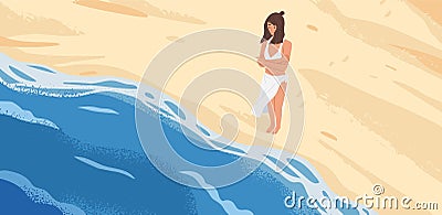 Bewildered woman standing in front of sea wave vector graphic illustration. Lonely pensive cartoon female looking at Vector Illustration