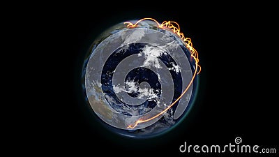 Bewolkte Aarde met oranje verbindingen in beweging met de hoffelijkheid van het Aardebeeld van NASA org stock illustratie Bewolkte Aarde met oranje verbindingen in beweging met de hoffelijkheid van het Aardebeeld van NASA org stock illustratie