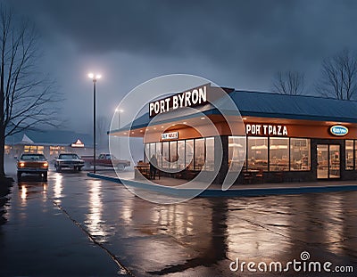 Beyond Lifelike Mist: Cinematic Realism in Upstate New YorkReal: The Enigmatic Exterior of Port Byron's Plaza Stock Photo