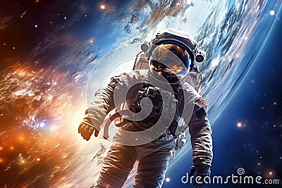 Beyond terrestrial confines, an astronaut immersed in cosmic grandeur Stock Photo