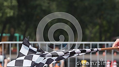 Bezig met verwijderen van gecheckte racevlag Vlag die de laatste schoot van de race op een afwerkingslijn aankondigt stock videobeelden Bezig met verwijderen van gecheckte racevlag Vlag die de laatste schoot van de race op een afwerkingslijn aankondigt stock videobeelden