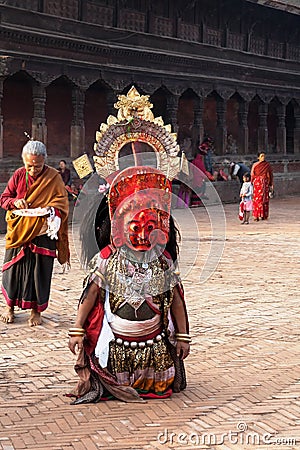 BHAKTAPUR, NEPAL - APRIL 19, 2013:Lama ready to perform a ritual dance called Bhairav Dance Editorial Stock Photo