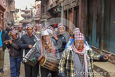 People on a procession for a Hindu sacrifice at Bhaktapur in Nepal Editorial Stock Photo