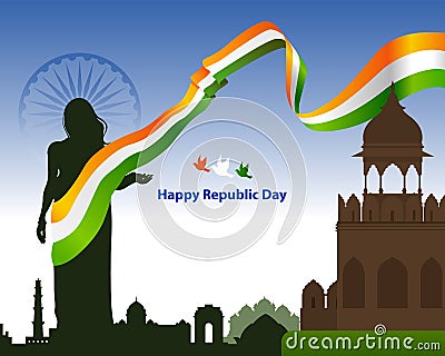 Bharat Mata wearing Tri color Indian flag. Indian Republic Day concept graphic for social media post. Stock Photo