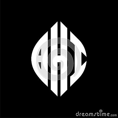BHI circle letter logo design with circle and ellipse shape. BHI ellipse letters with typographic style. The three initials form a Vector Illustration