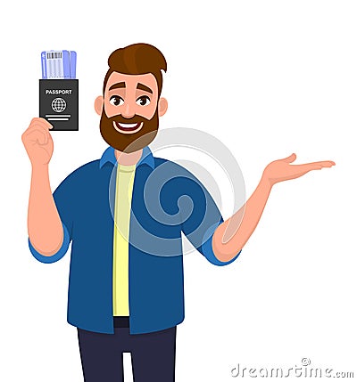 Hipster young man showing passport tickets and presenting hand to copy space. Trendy person pointing, gesturing to introduce Vector Illustration