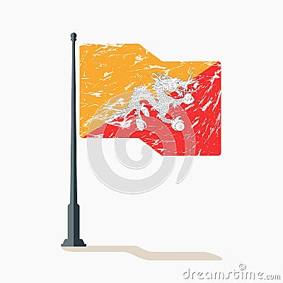 Bhutan flag with scratches, vector flag of Bhutan waving on flagpole with shadow. Vector Illustration