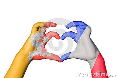 Bhutan France Heart, Hand gesture making heart Stock Photo