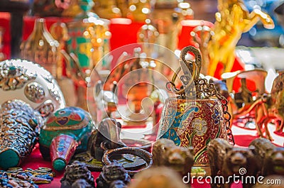 Bhutanese handicrafts and souvenir shops selling beautiful artistic and religious objects at the basecamp of Tiger`s nest Stock Photo