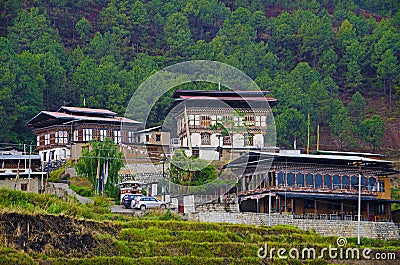 Bhutanese houses near Chimi Lhakhang. Located near Lobesa. Punakha District. Stock Photo