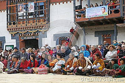 Bhutanese people and tourists at the Gangtey Monastery, Gangteng, Bhutan Editorial Stock Photo