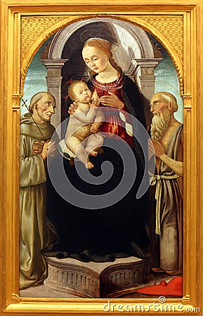 Biagio d`Antonio Tucci: Madonna and Child with St. Francis and Jerome Editorial Stock Photo