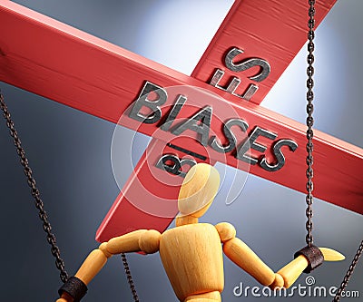 Biases control, power, authority and manipulation symbolized by control bar with word Biases pulling the strings chains of a Cartoon Illustration