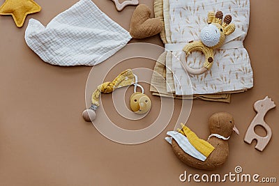 Bib and wooden toys. Set of baby stuff Stock Photo