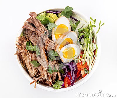 Pulled pork loaded ramen bowl dish Stock Photo