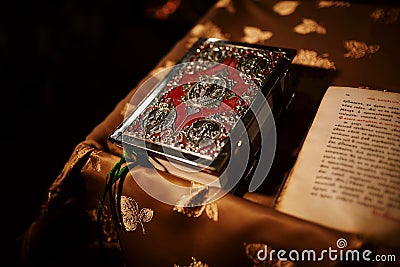 Bible on altar table. Faith and religion concept. Preaching background. Church interior. Christianity tradition Stock Photo