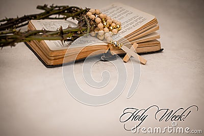 Bible book rosary beads thorn crown Stock Photo
