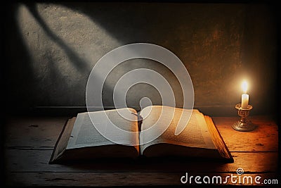 Bible with candle in evening light Stock Photo