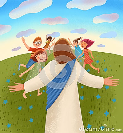 Jesus waits for children with open arms, children run to him with joy and happiness Cartoon Illustration