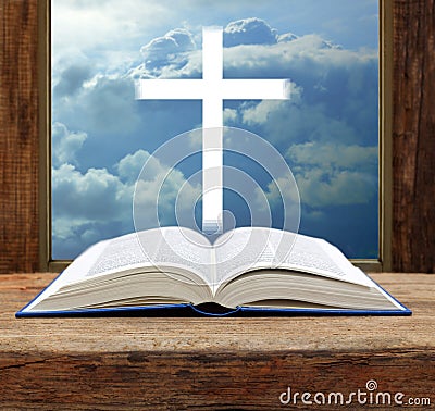 Bible christian cross stormy sky view window open Stock Photo